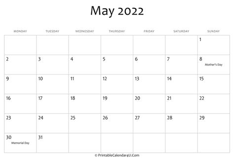 May 2022 Editable Calendar
